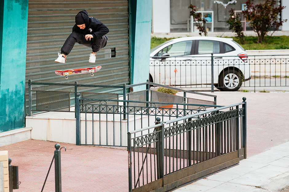 Frontside heelflip in Athens. Photo by Oliver Barton