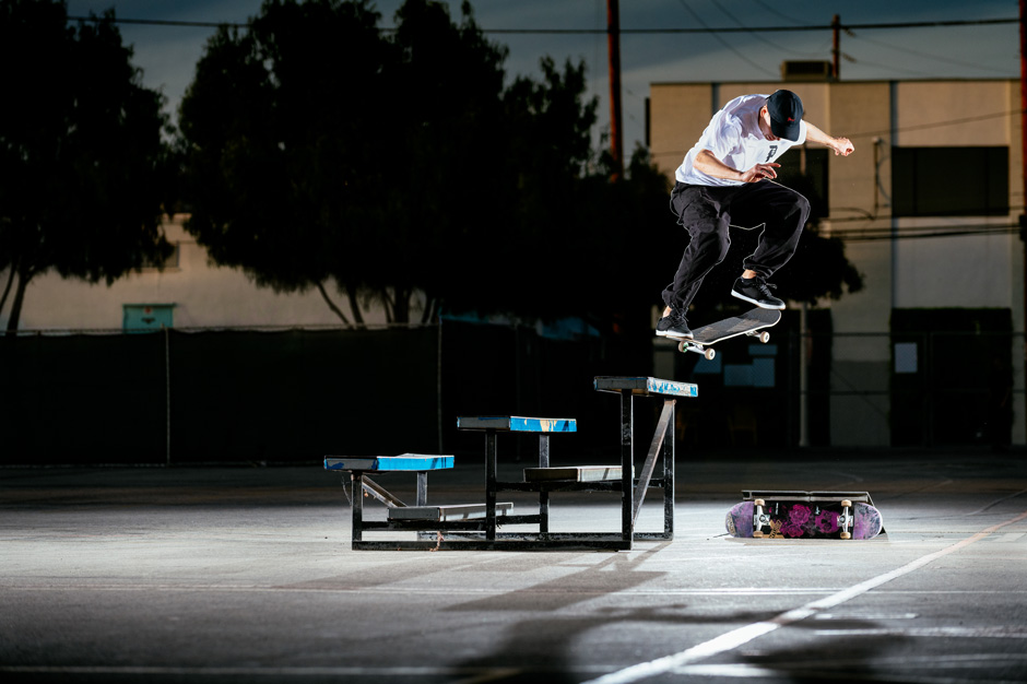 Wade heelflip crooked grinds in LA with a drain assist. Photo by Oliver Barton