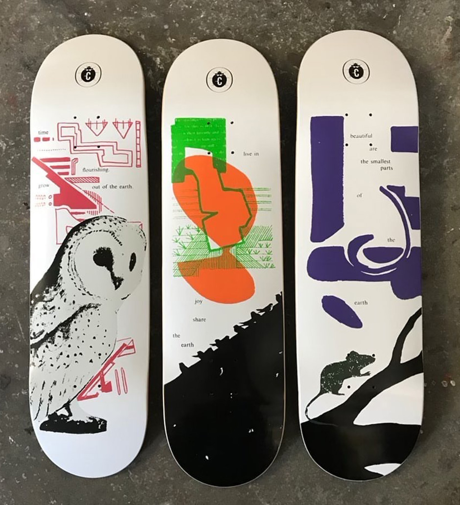 The three Clown Skateboards x Tygar Miles Smith board graphics together