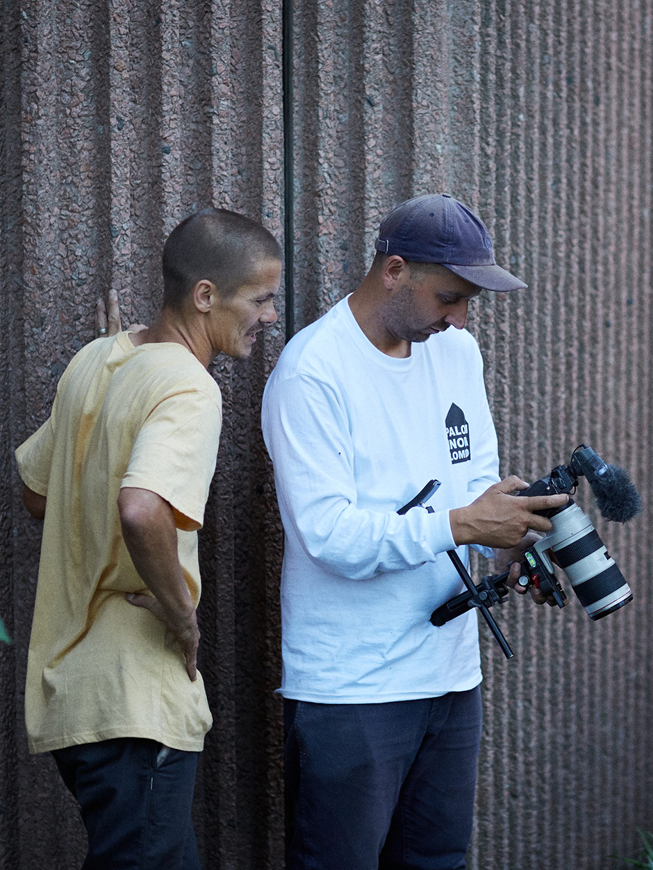 Kev and Geoff Rowley checking the footage. Photo by Wig Worland