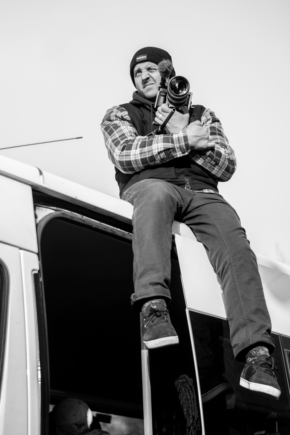 Kev on top of the van while filming for Cover Version. PH: Korahn Gayle