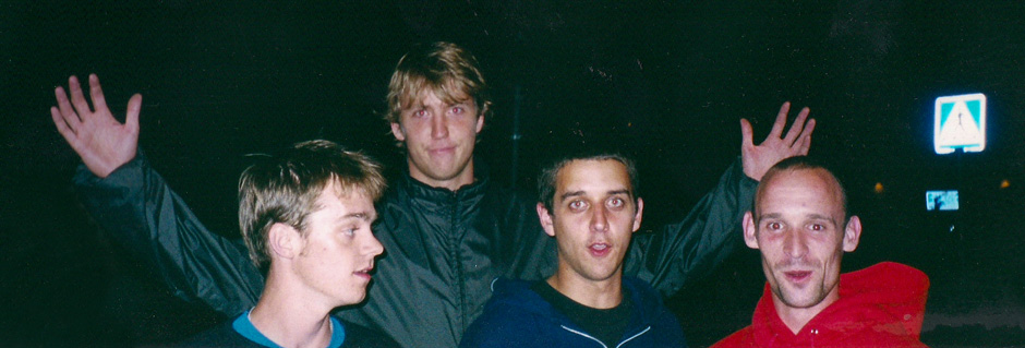 Kevin Parrot with Matthias Nylen, Gustav Eden, and Simon Skipp on a Malmo trip in 2001