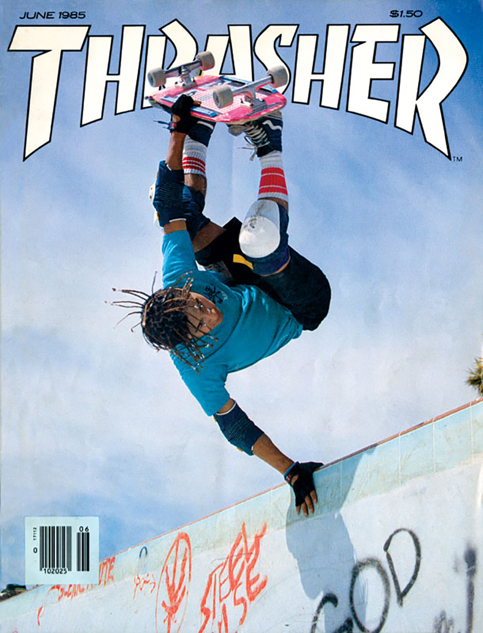 Steve Caballero Frontise inverts for Mofo's lens on the June 1985 copy of Thrasher