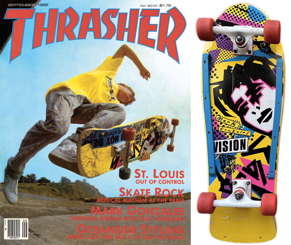 Mark Gonzales cover of September 1986 copy of Thrasher doing a beanplant on his original Vision pro model