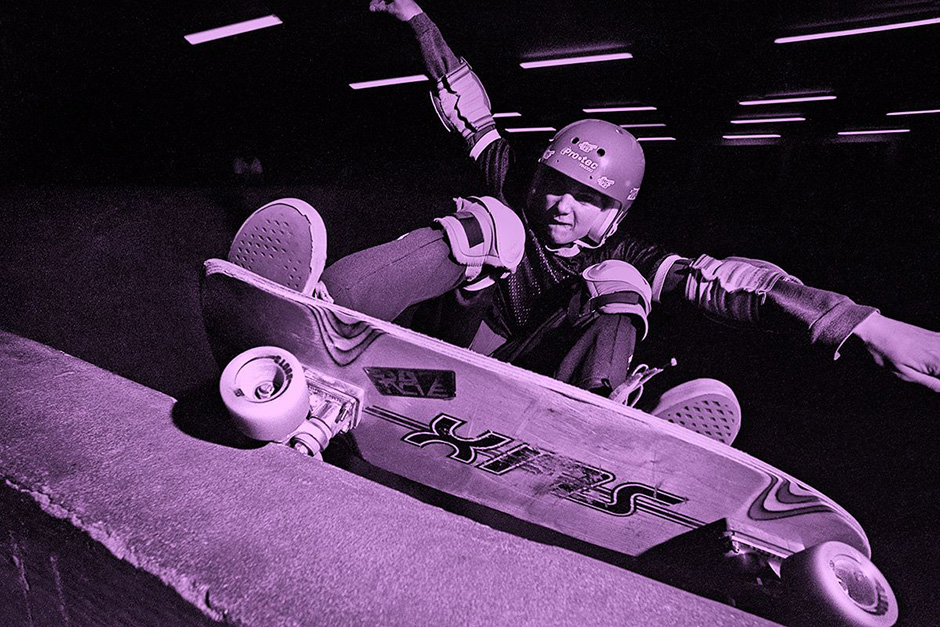 An unknown skateboarder grinding the lip of the Mad Dog Bowl on the Old Kent Road in 1979. Photo by TLB