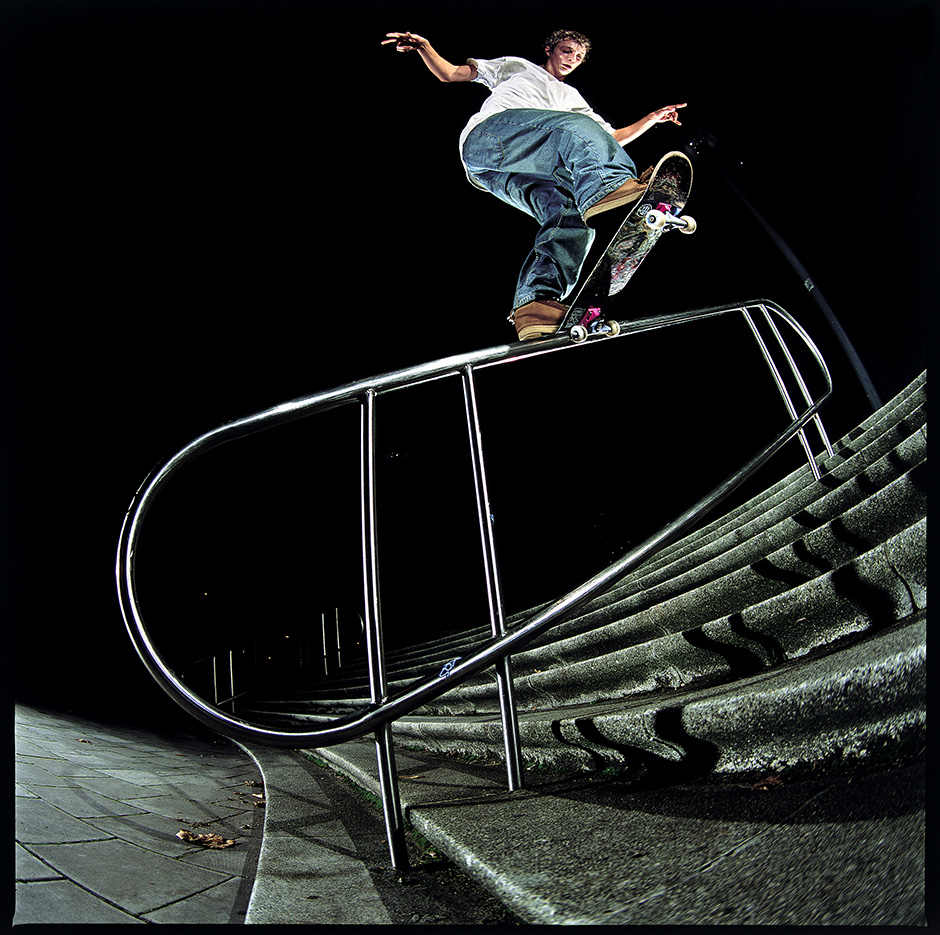 Matt 'Stalker' Keal backside tailsliding the London Life handrail for Leo Sharp's lens, This was Korahn Gayle's photo pick for his 'Visuals' interview