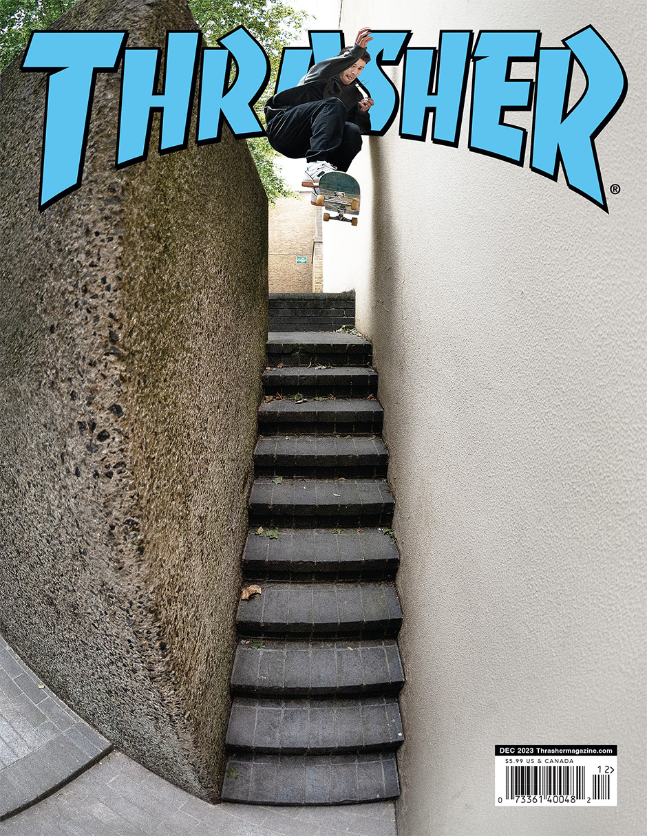 Tom Knox ollies the tightest of stairs at the Barbican for the December 2023 cover of Thrasher. Photo by Jake Darwen