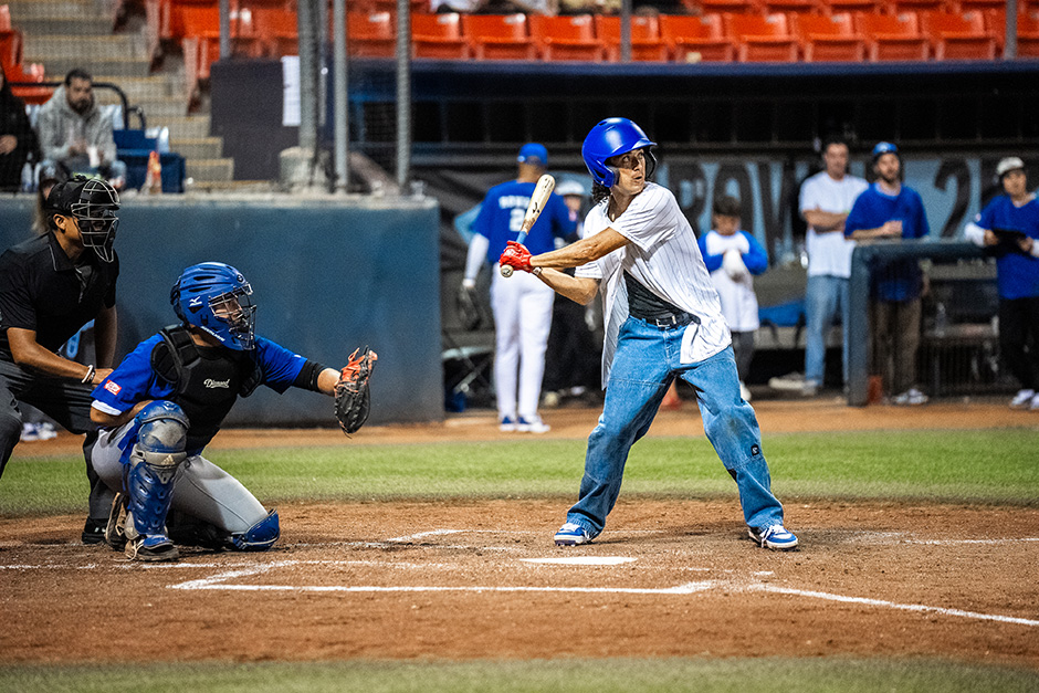 Rowan Zorilla batting at the baseball game organised by Vans for his shoe launch. Photo by Dan Mathieu