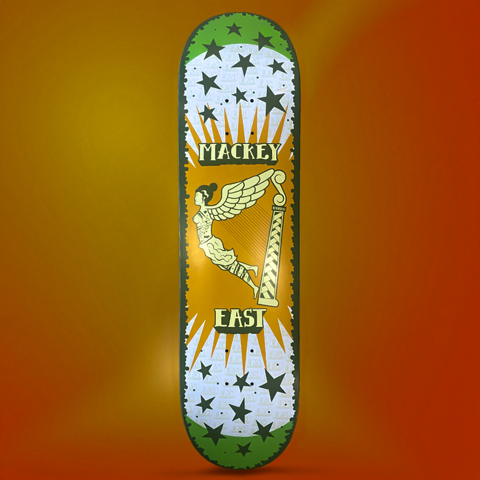 Dave Mackey pro board for EAST skateboards designed by Kev Grey