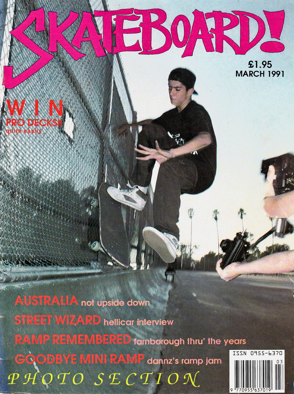 Rudy Johnson cover of the March 1991 cover of Skateboard! shot by Brad McDonald, This was Dave Mackey's photo pick for his 'Visuals' interview
