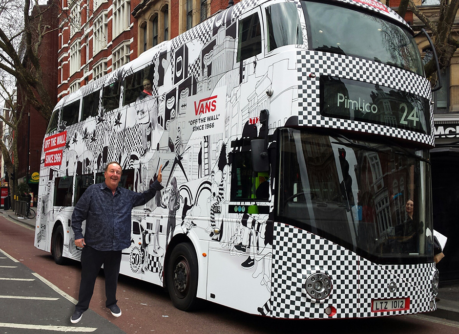 Steve Van Doren with a London Bus during the Vans 50th Anniversary