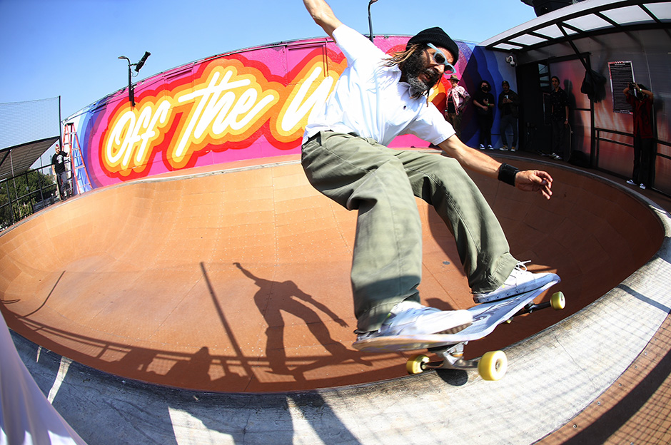 Tony Alva grinding the bowl on the roof of House of Vans in Mexico City