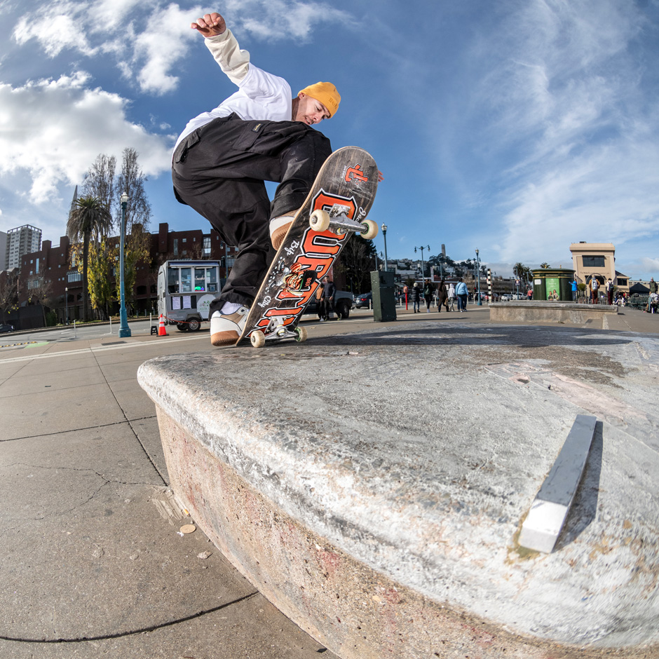 Jack Curtin switch frontside bluntslides at Pier 7 on his new board for DGK shot by Liam Annis