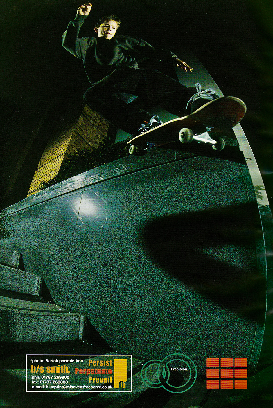 Nick Jensen Backside Smith Grinds the bottom ledge at Knightrider Court for Oliver Barton's lens in 2001. This ran as a Blueprint advert. This was Lev Tanju's photo pick for his 