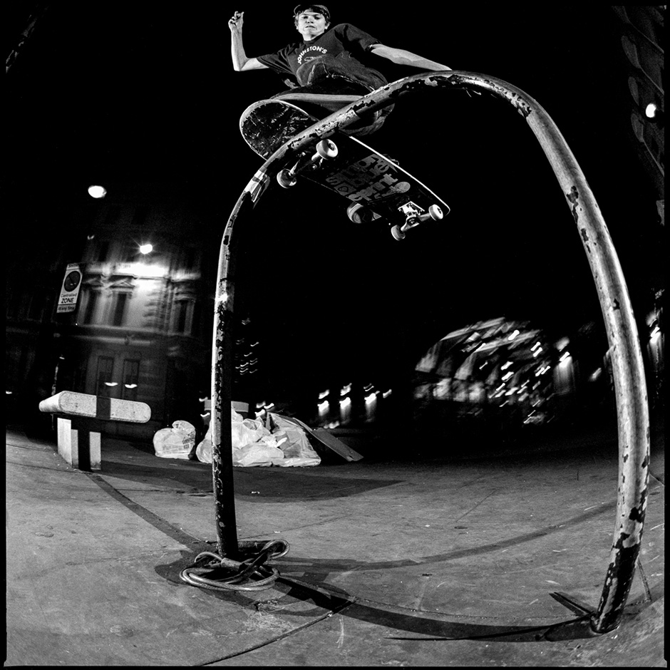 Nick Jensen ollies up a a bench in Farringdon before ollieing out to frontside noseslide. This was shot by Sam Ashley in 2004. This was Lev Tanju's photo pick for his 