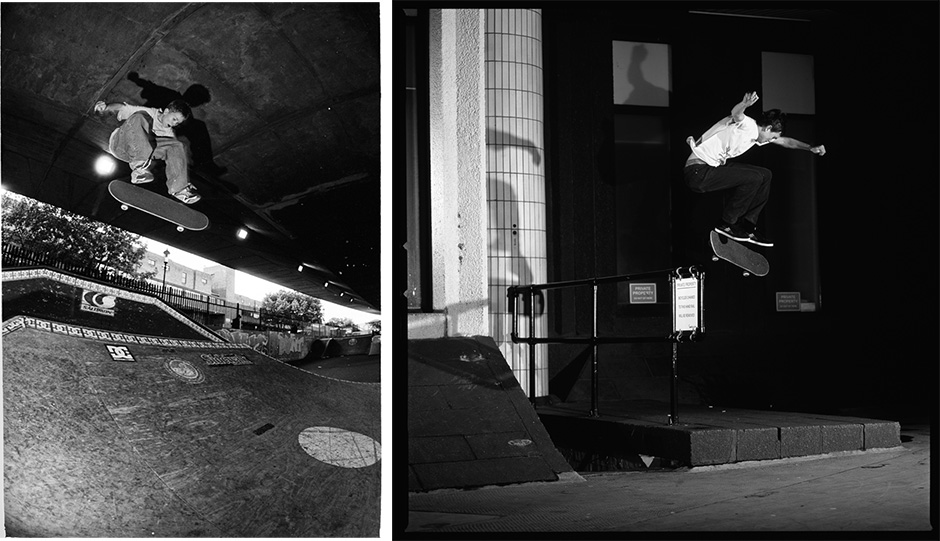 Nick Jensen kickflips at Playstation skatepark and at Gas Banks in Holborn either end of a decade. Shot by Dominic Marley
