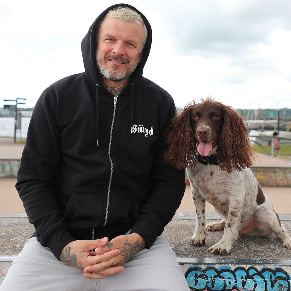 Matt Pritchard and his dog Lemmy. This is Matt's portrait for his Slam City Skates 'Offerings' Interview shot by Dan Bentley