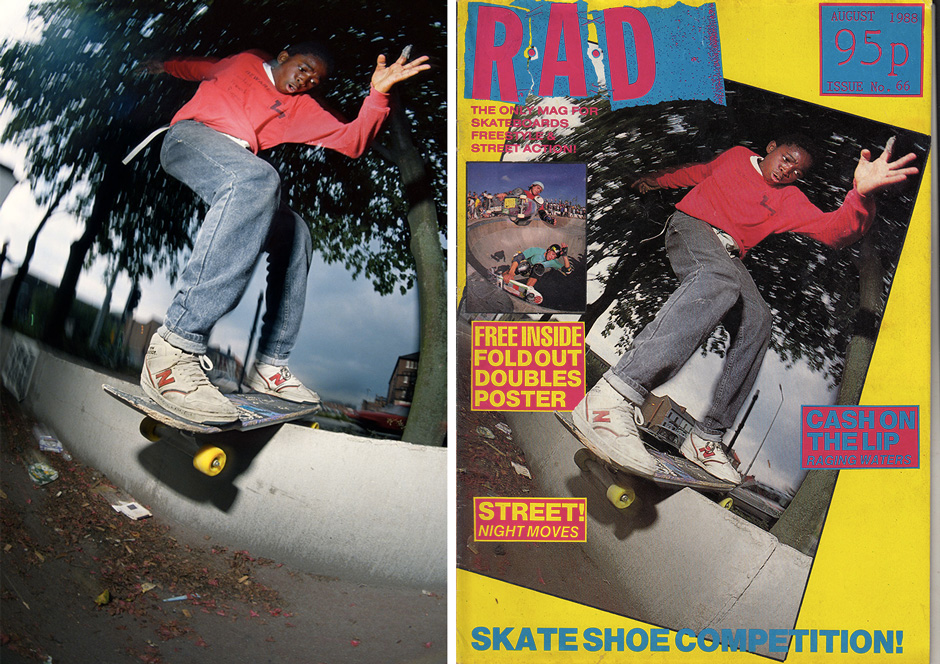 Femi Bukanola's Mancunian boardslide shot by Tim Leighton-Boyce, this ran as the cover of RAD magazine in August 1988
