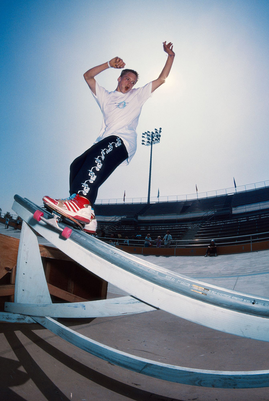 Mike Vallely frontside boardslides and Paul Sunman shoots in 1987