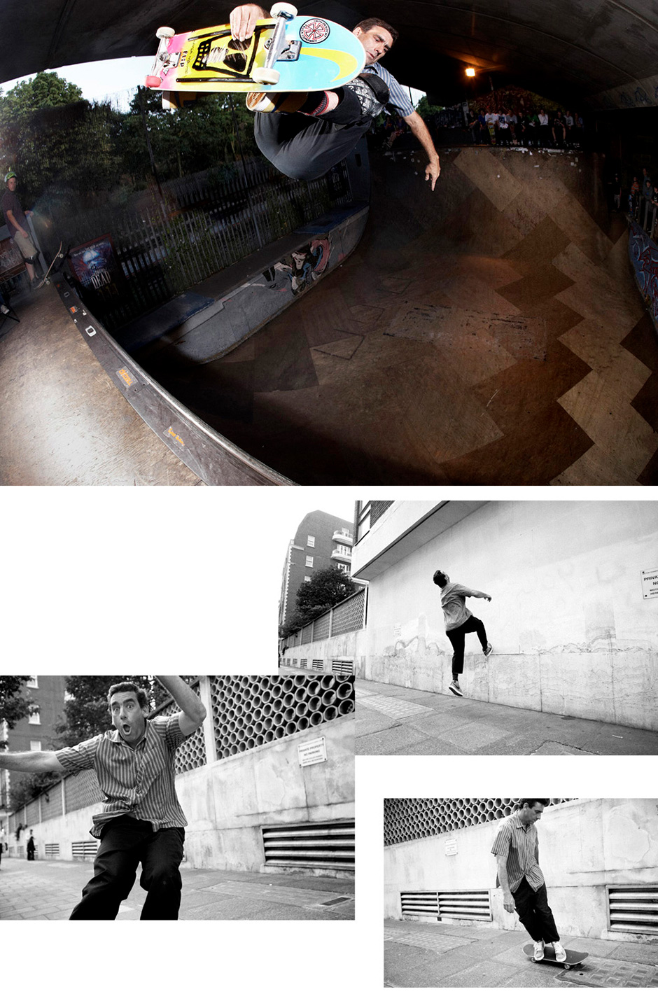 Lance Mountain in London-Frontside air on the Playstation Vert ramp and on the streets by his hotel. Photos shot by Richie Hopson and selected for his Slam City Skates 5000 Words interview