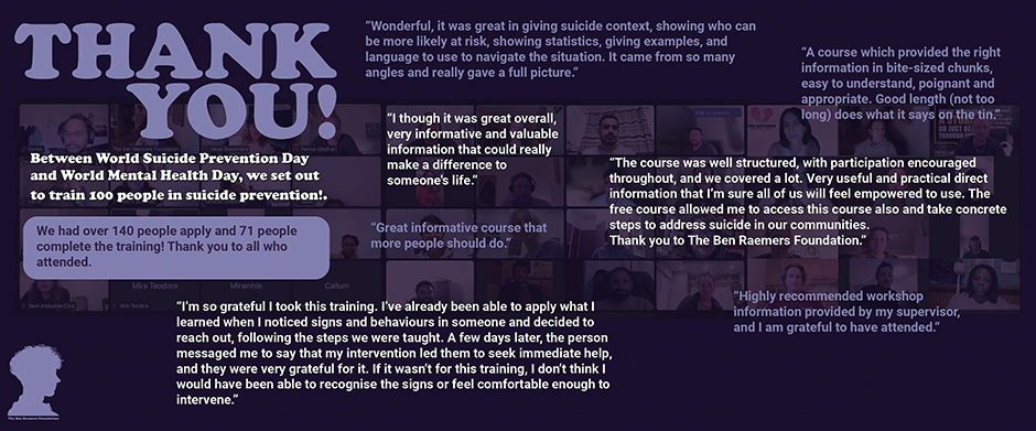 The Ben Raemers Foundation Suicide First Aid training feedback from their 100 learner challenge