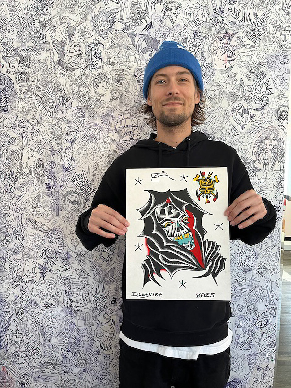 Tyler Bledsoe and some of his work taken at Thunderbird tattoo studio in Portland