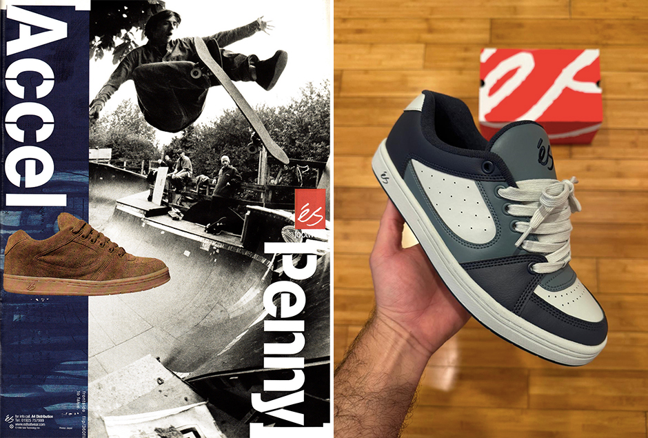 An original éS Accel Tom Penny ad from 1998 shot by Jesper Nillson next to the newly reworked éS Accel in Kelly Hart's hand today