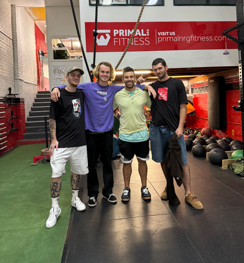Dan with the cew he trains in Sydney, Sam Fairweather, Justin Schmidt, and Sam Saddleton