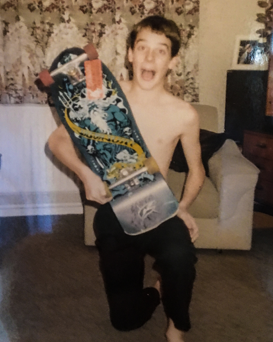 Alan Glass with his first proper pro board- a Santa Cruz Jason Jessee