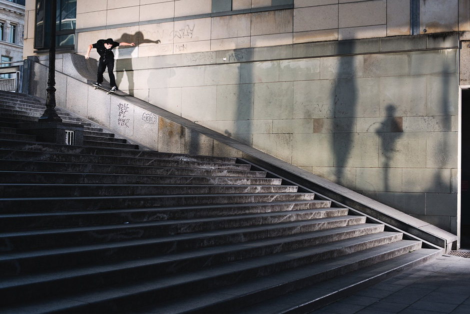 Burly trip-affirming backside 50-50 in Paris blasted out by Jack O'Grady and captured by Thomas Robinson. Photo selected by Trent Evans for his Slam City Skates 5000 Words interview