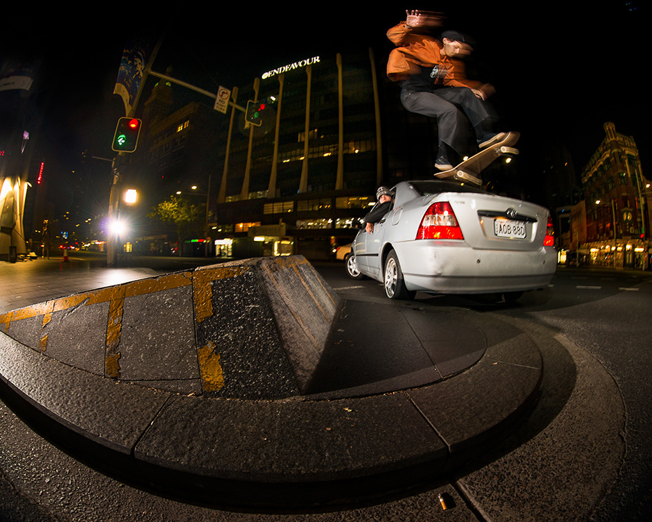 Some careful timing on a late night in Sydney led to this picture perfect kickflip 5-0 by Mikey Mieruszynski on his room mates car. Photo shot by Bryce Golder and selected by Trent Evans for his Slam City Skates 5000 Words interview