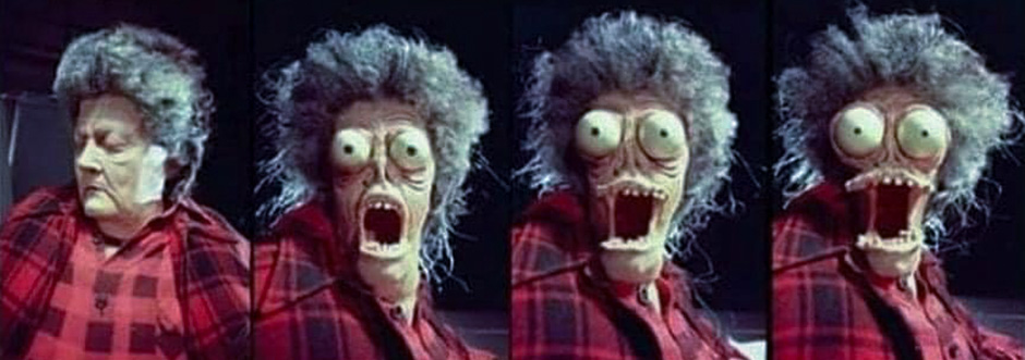 Some frames from Large Marge's claymation transformation in Tim Burton's directorial debut Pee Wee Herman's Big Adventure