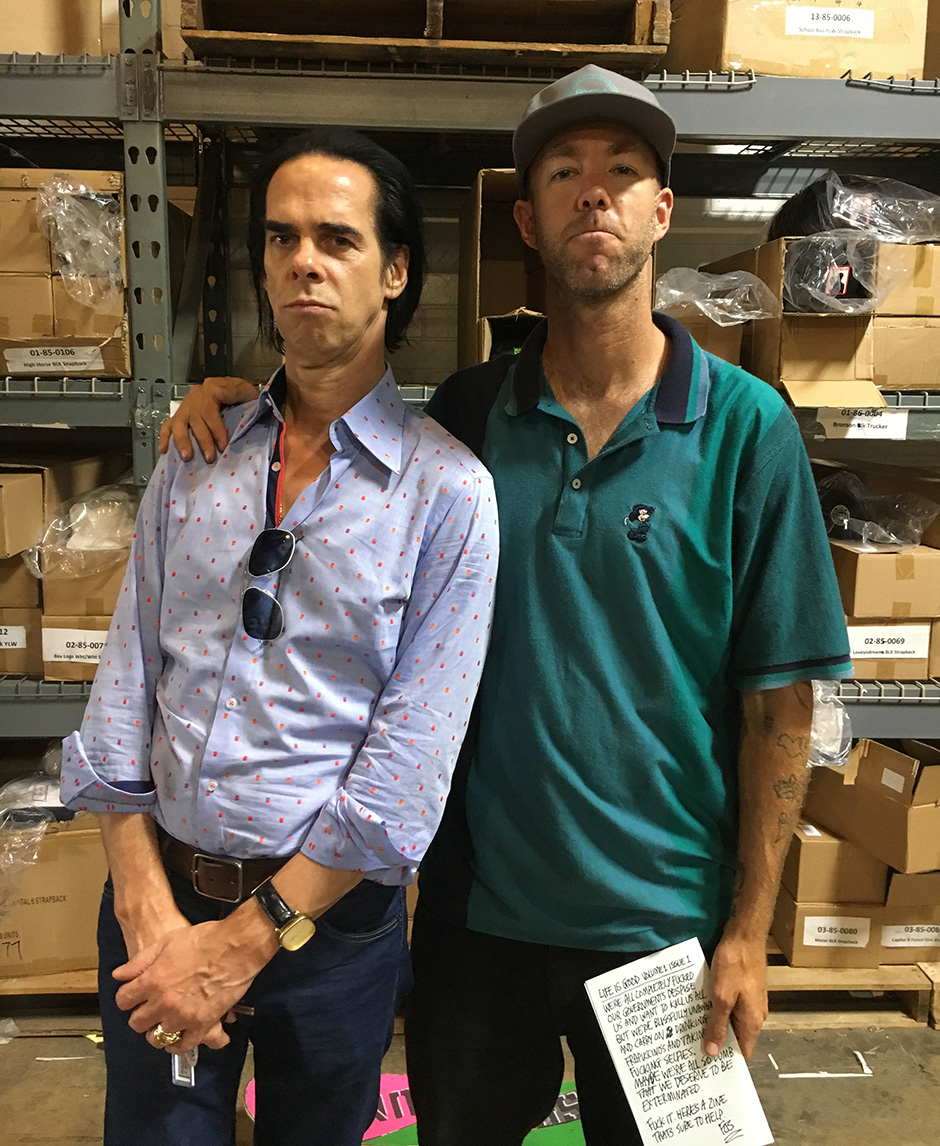 Andrew Reynolds with Nick Cave at Baker Boys Distribution. Photo by Mark 