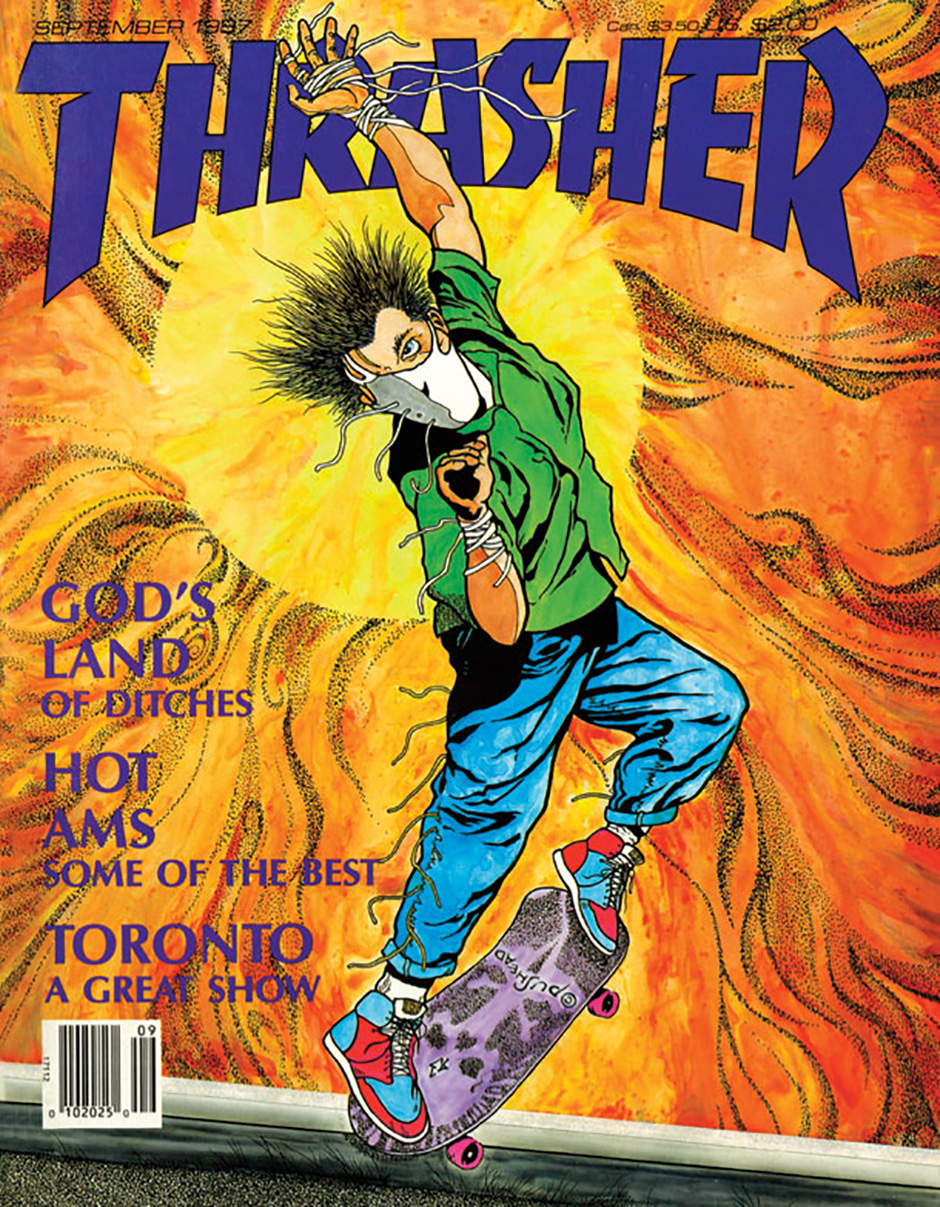 Thrasher Magazine September 1987 cover by Pushead, Thrasher Magazine was Andrew Reynolds' pick instead of a book for his Slam City Skates 