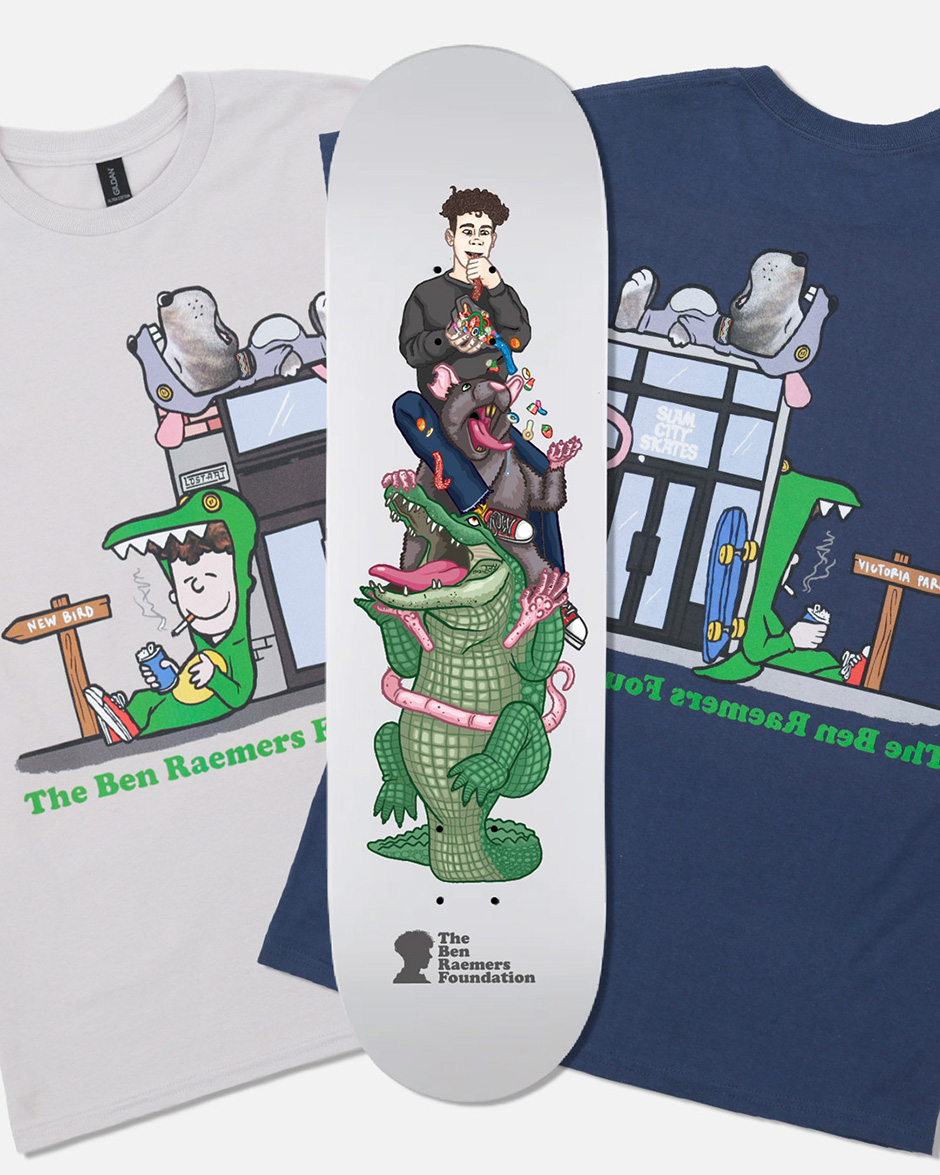 Ben Raemers Foundation x Lost Art x Slam City Skates board and t-shirts