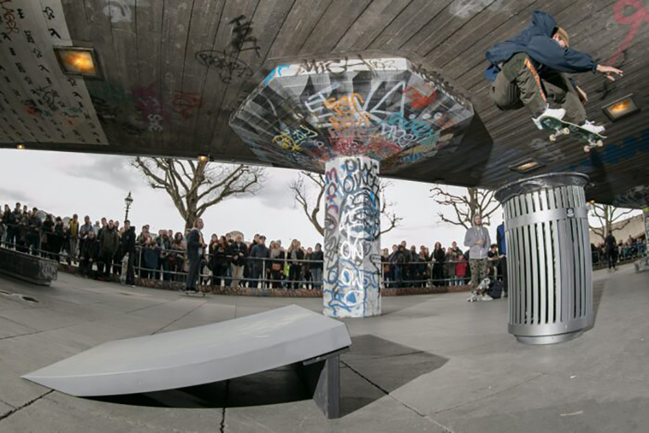 John Shanahan blasts the first ollie at the Kicker To Can event we organised with Josh Kalis and DC back in 2017