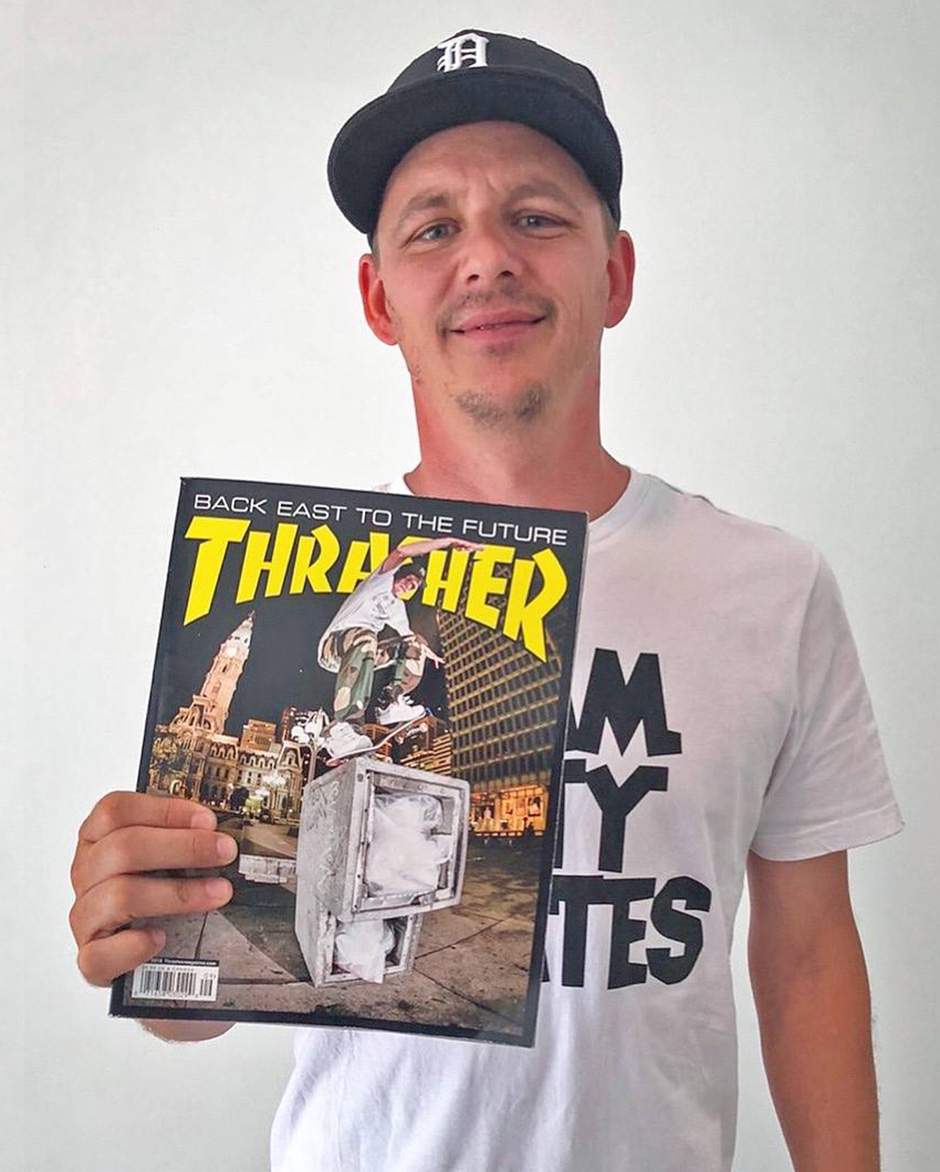Josh Kalis with his first Thrasher cover while wearing a Slam tee