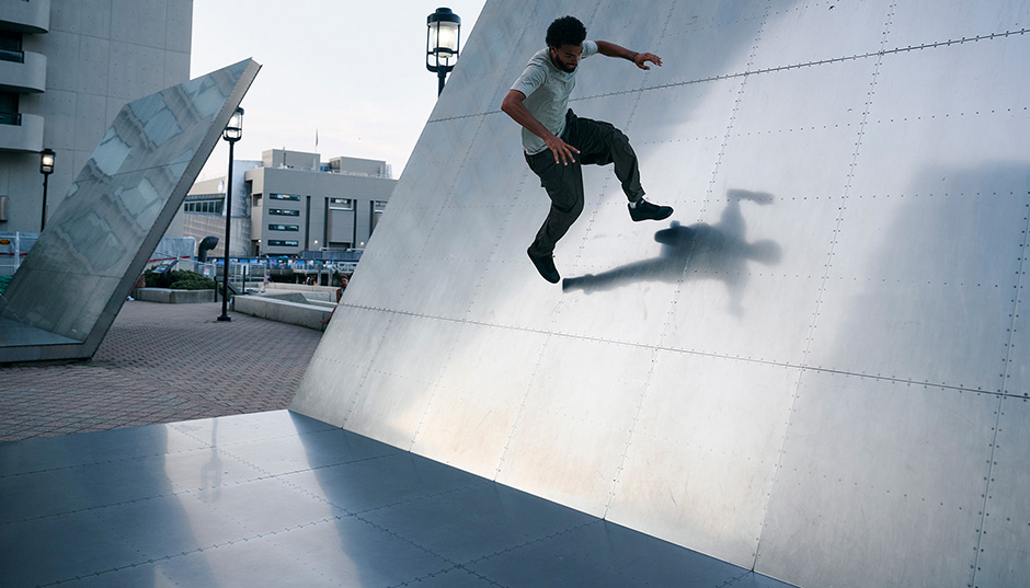 Sage Elsesser testing out his location on the shoot with Ben Colen who took the portrait for Sage's Slam City Skates interview