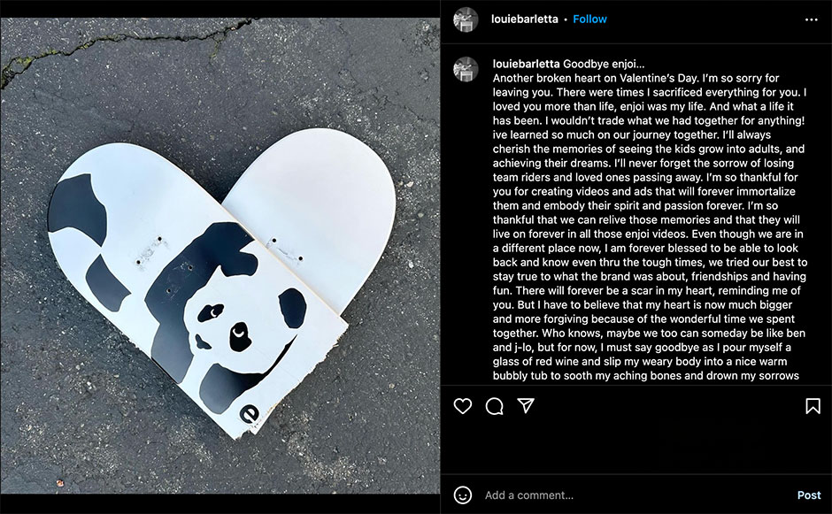 Louie Barletta interview for Slam City Skates. Louie Barletta announces the end of enjoi skateboards on Instagram in 2023