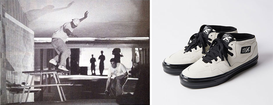 Piet Parra designed 'Frinds & Family' Vans OTW Half Cab and the inspiration next to it - Mike Carroll doing a back smith in a pair for Aaron Meza's lens