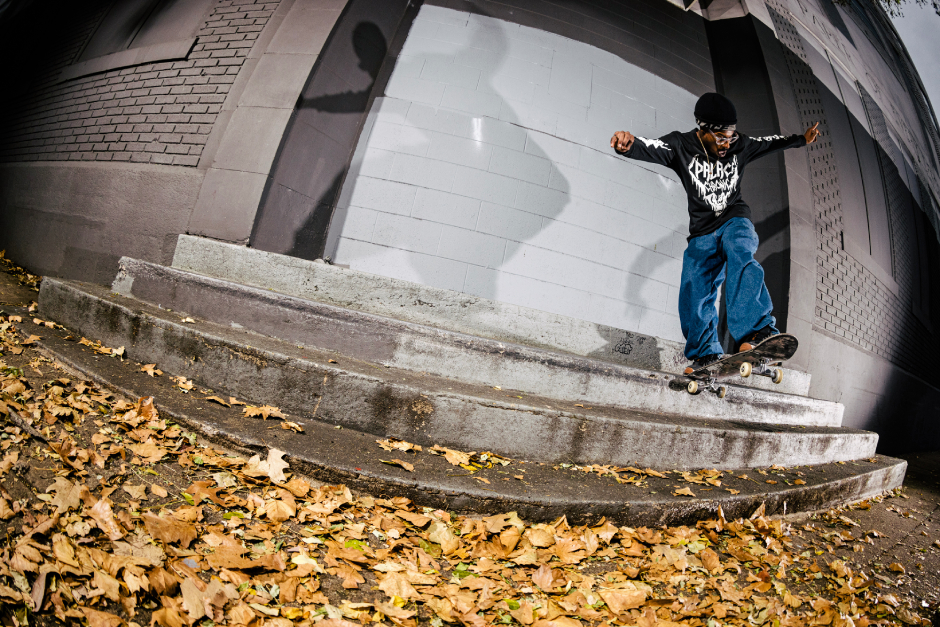Jahmir Brown switch back tails a long one before throwing a front shuv out of there shot by Mike Heikkila