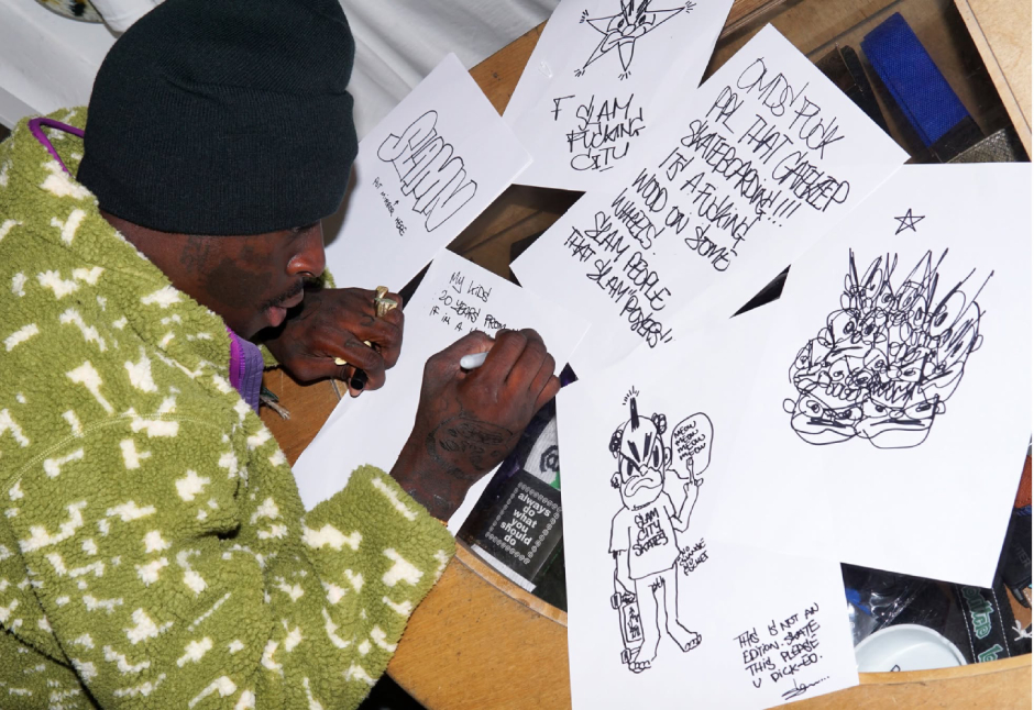Slawn turned the slam shop into his studio to create the illustrations that built our Slam City Skates X Slawn capsule