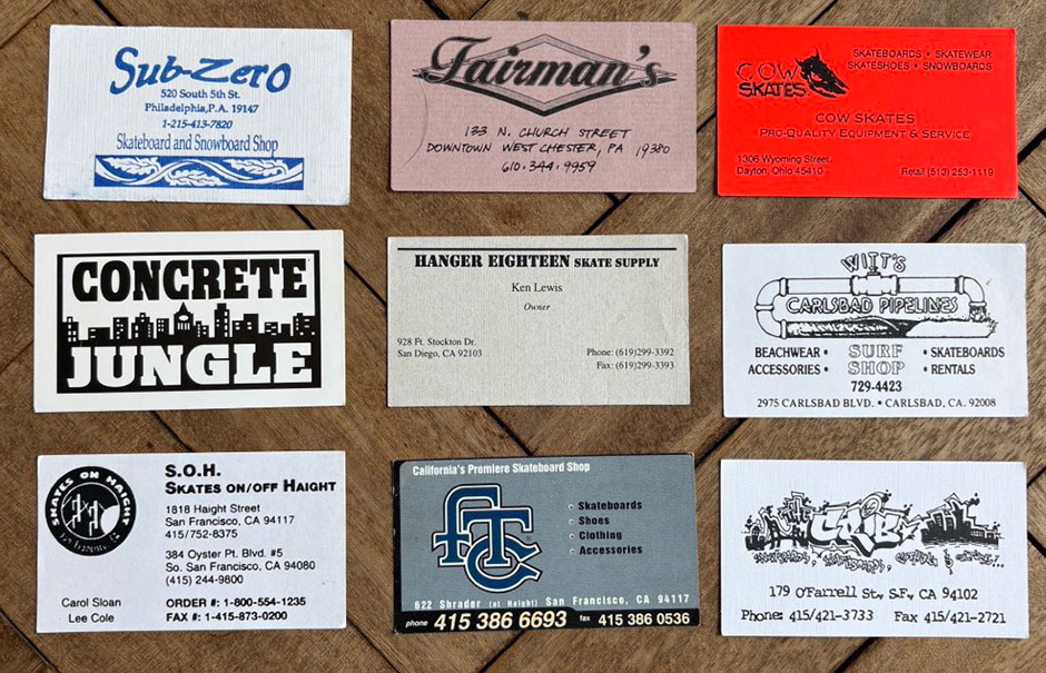 Skate shop business cards from Pulman's first trip across America
