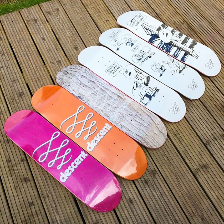 Descent Skateboards series with graphics by James Jarvis